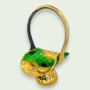 Bohemian Emerald Green Glass Basket, Hand Painted 24K Gold Floral Art Glass